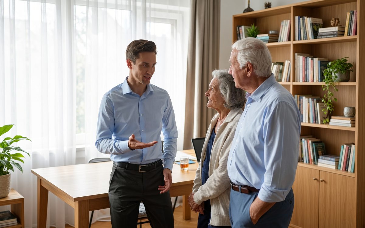 A technician talking with an older couple in their home