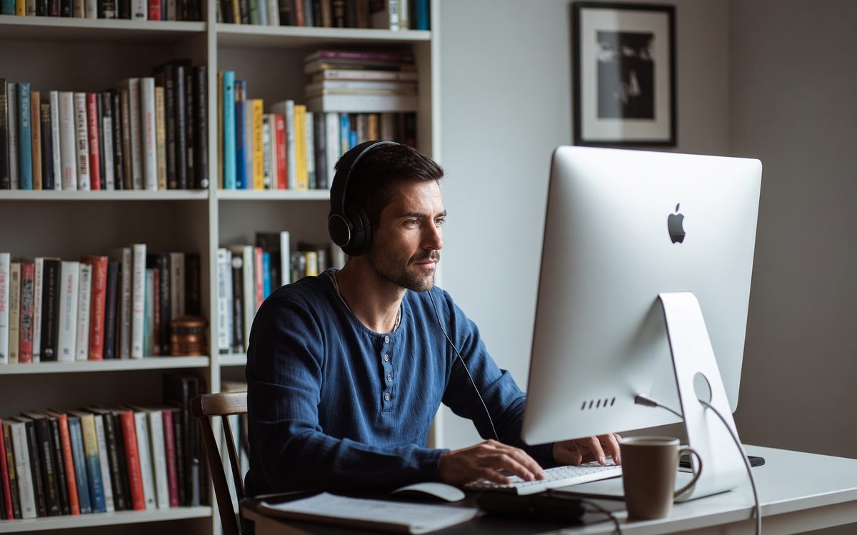 A technician wearing a headset, working at a desktop computer during a remote support session