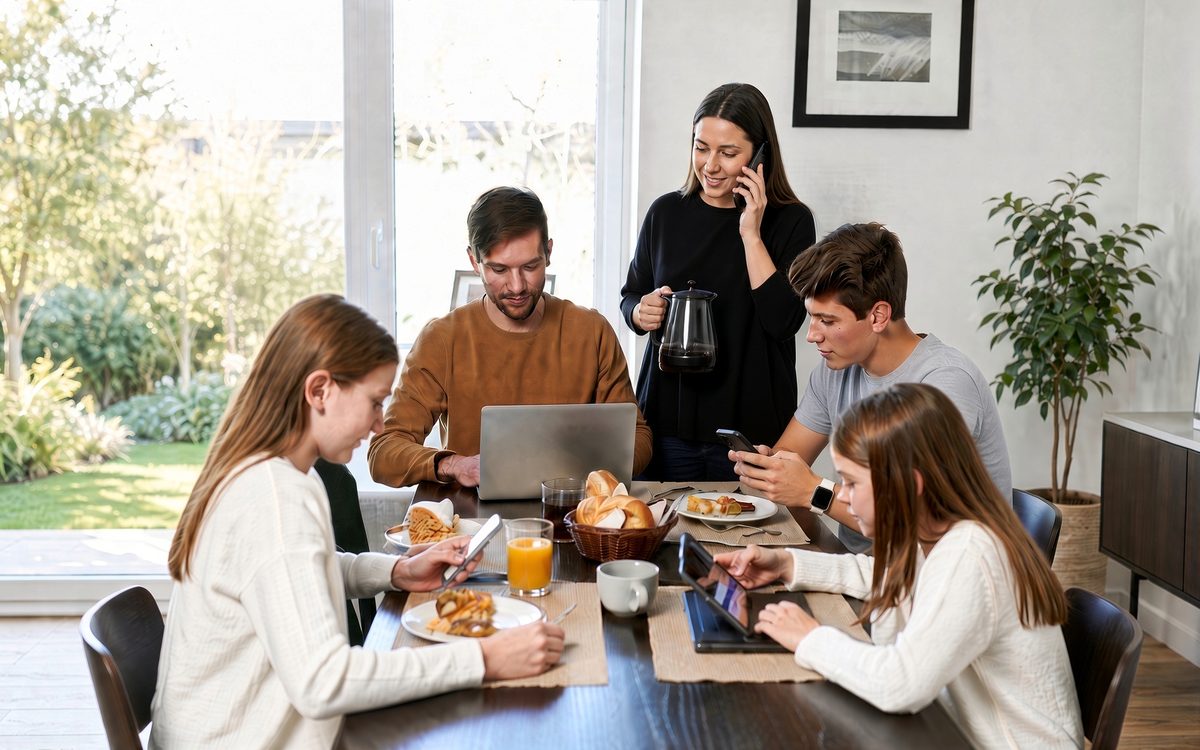A family around the breakfast table using a laptop, phones, and a tablet