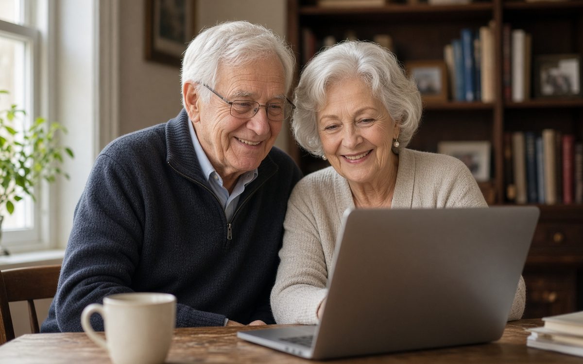 An older couple smiling together at a laptop at home