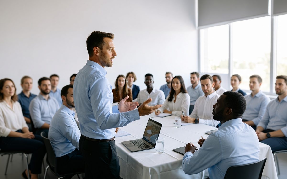 A presenter leading a discussion with a group of professionals around a conference table
